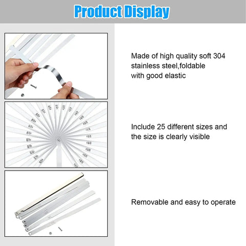 Premium 25 Blades Feeler Gauge Set With Hardened Steel, Tapered And Dual Marked Metric And Imperial shown in use and details