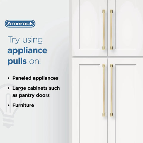 Golden Champagne Appliance Pull 24 Inch Center To Center Cabinet Handle on white paneled cabinets