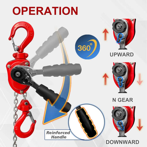 Half Ton Manual Lever Chain Hoist With 360 Degree Rotating Hooks G80 Chain showing operation directions and reinforced handle