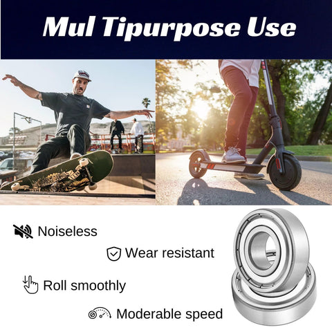 608-ZZ ball bearings, 8x22x7 mm, double shielded metal, 100 pcs; collage showing skateboard and electric scooter use