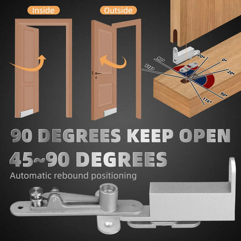 Self Closing Pivot Door Hinge Heavy Duty Hidden Hinge For Commercial And Home Use Opens Inward And Outward For Wooden Secret Door Built Tough Industrial Grade Quality Holds Open At Ninety Degrees And Auto Closes A 150 Pound Door diagram showing door angles and hinge mechanism.