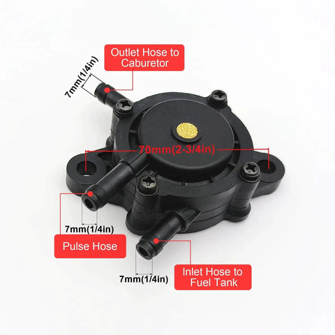 Easy Install Fuel Pump With Filter And Hose Kit For Kohler Kawasaki Honda Briggs And Stratton Cub Cadet MTD And More Fits Mikuni Pumps For Honda GX Series And GCV Engines In Lawn Mowers showing outlet, pulse, and inlet hoses.