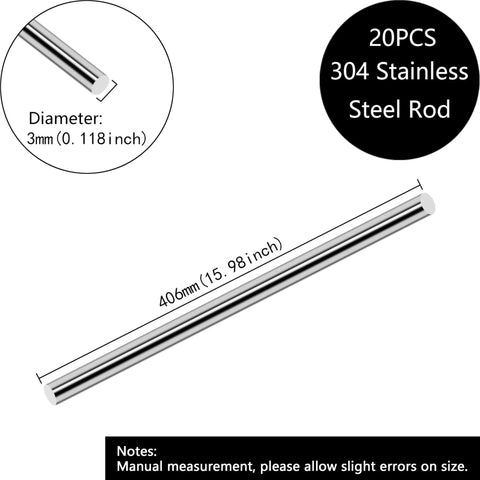 304 Stainless Steel Round Rods Set, 20 Pieces, 15.98 Inch Length And 0.118 Inch Diameter, featuring dimension details.