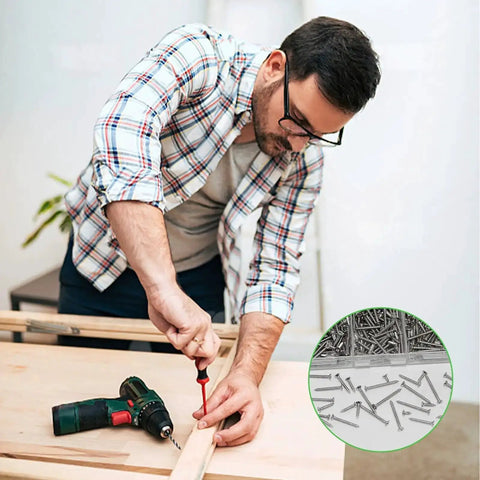 Man using Wood Screw Kit With 1600 Pcs Assortment Nine Sizes From M2x4 To M2x20 Phillips Flat Head Self Tapping Screws