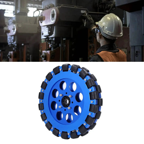 Omnidirectional Wheel Set for DIY Robots and Custom Rigs, 8 Inch Aluminum Alloy Hub Omni Wheels Deliver Stable, Low Vibration Rolling for Smooth Movement, Two Wheel Combination Kit UM5604 0014 0203 for Robotic Projects shown in industrial setting.