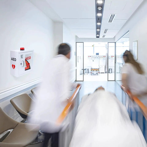 AED Cabinet Wall Mounted Defibrillator Storage in stainless steel installed in a hospital hallway with medical staff in motion.