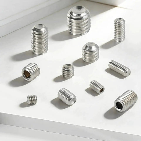 Headless Set Screw Kit 510 Piece 13 Size Metric M3 M4 M5 M6 M8 Stainless Steel 304 Socket Cup Point Screws For Machinery Pulleys Shafts Door Handles And Bathroom Fixtures displayed on white surface.