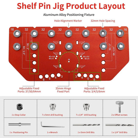 2 In 1 Shelf Pin And Hinge Jig For DIY Cabinets And Home Projects, aluminum layout with hole alignment and sizes labeled