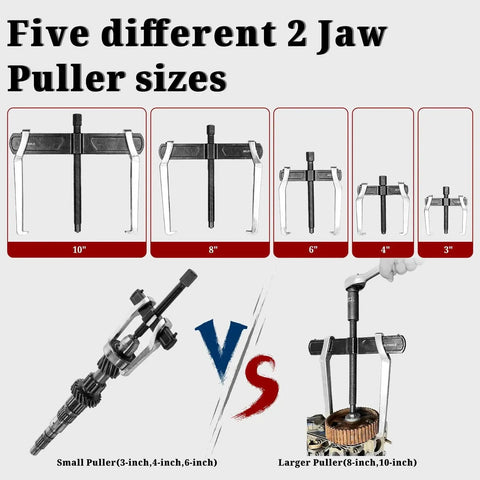 Image showcasing five different 2 jaw puller sizes for internal and external removal, including the 10 Inch 2 Jaw Gear Puller for automotive and machinery use.