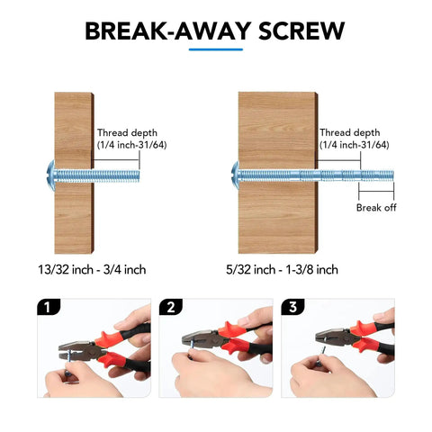 Diagram showing break-away screw installation steps using pliers, detailing thread depth and break-off points for wood panels.