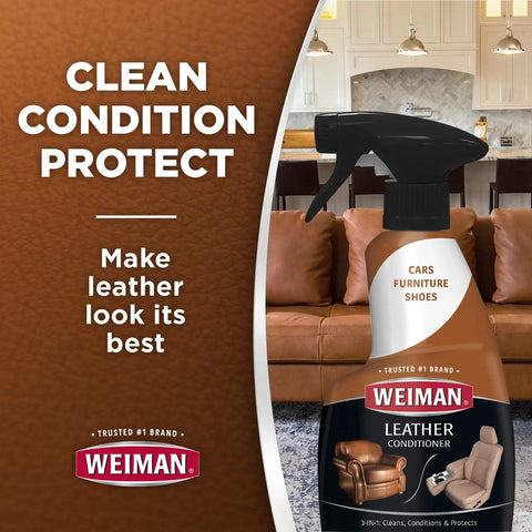 Leather Care 3 In 1 Cleaner Conditioner And UV Protector For Cars Furniture Shoes Purses And Handbags 2 Pack with spray nozzle on a couch.