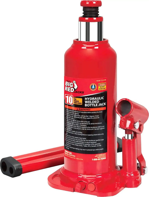 10 Ton Hydraulic Bottle Jack For Auto Repair And Home Lifts With Serrated Saddle, red color with handle detached