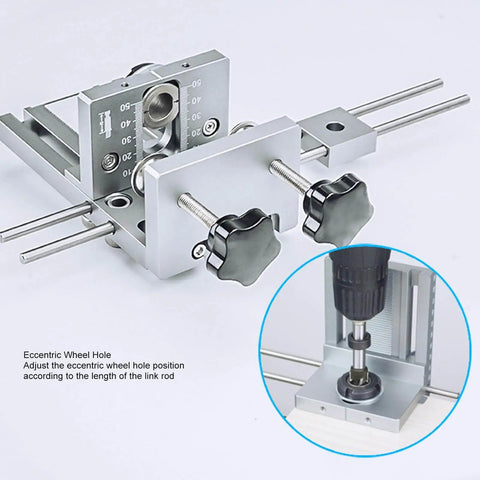 Self Centering Dowel Jig Kit With Quick Release Clamp And Aluminum Drill Guide For Woodworking And Furniture Assembly DIY Projects 600mm Included Delivers Precise Holes And Effortless Alignment For Pros And Weekend Warriors, close-up view showing adjustable knobs and drill guide attachment.
