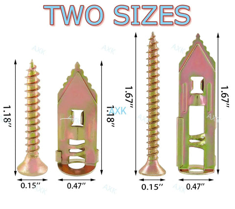 Self Drilling Drywall Anchor Kit 160 Pieces With 80 Anchors And 80 Self Tapping Screws, two sizes, showing measurements.
