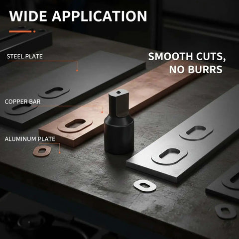 8-Piece Oval Hydraulic Hole Punch Die Set Compatible With CH-70 Punching Machine shown cutting steel, copper, aluminum plates
