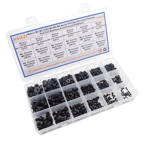 720 Piece Metric Nylon Phillips Pan Head Screws Hex Nuts Flat Washers Assortment Kit M2 Through M6 For DIY Projects