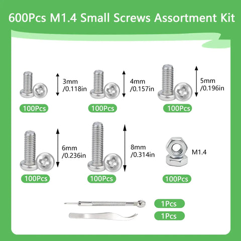 Image of Pro Grade 600 Piece M1.4 Micro Screw Kit With Nickel Plated Screws, sizes 3mm to 8mm, showing screws, nuts, tweezers, and driver.