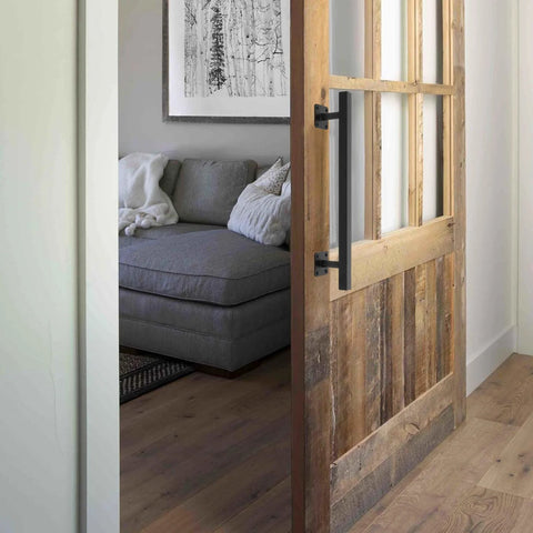 16 Inch Square Sliding Barn Door Handles Set Of 2 Black Matte Iron Gate Pulls on wood door in living room