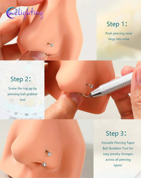 Flower Push Pin 20G Horseshoe Nose Ring Hoop All In One Piercing Set With Taper Ball Grabber Tool installation steps.