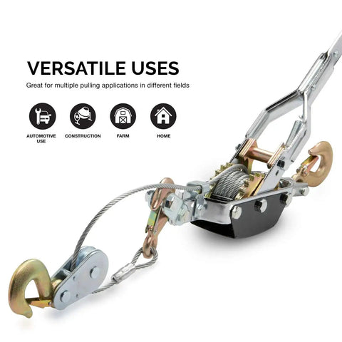 Beefy Five Ton Come Along Winch With Ten Foot Cable Dual Gear Hand Winch Heavy Duty Puller shown with versatile uses illustration