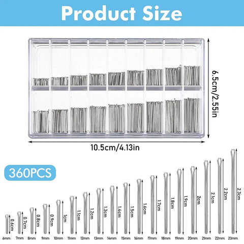 360 Piece Watch Band Pins Kit, Stainless Steel Cotter Pins, Replacement Link Pins For Watch Bands, 18 Sizes, assortment in box
