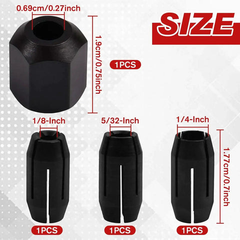 Replacement Collet And Nut Kit For CN1, 3 Pcs With 1/8 Inch, 5/32 Inch, 1/4 Inch Collets, 1 Nut, size dimensions shown