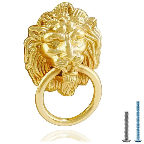 Lion Head Cabinet Pull Handle Set Five Piece For Dresser Wardrobe Kitchen Cupboard Ring Drawer Pulls With Screws Gold Finish