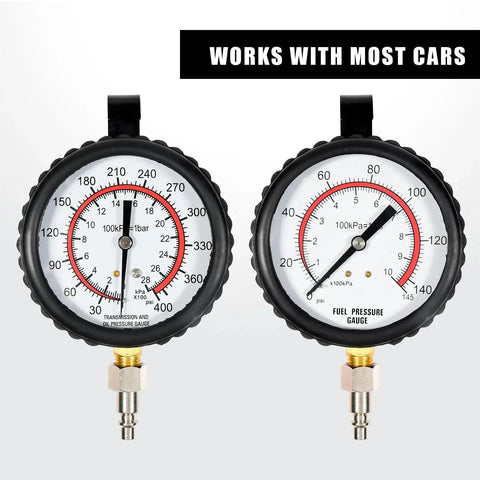Engine And Transmission Oil Pressure Gauge Kit With Dual Range 0 To 400 Psi And 0 To 100 Psi dials shown, labeled for cars.