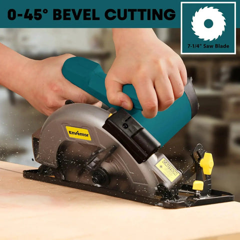 Powerful 11 Amp Circular Saw With Laser Guide And Dual 40T 24T 7-1/4 Inch Blades For Fast Wood Plastics And PVC Cutting 6000 RPM Corded Bevel Saw Ideal For Straight Cuts Rips And More Enventor in use, cutting wood at a 0-45 degree bevel.