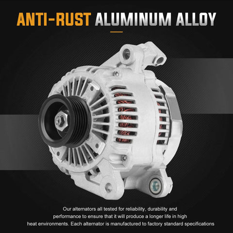 Front view of anti-rust aluminum alloy Beefed Up Alternator Replacement Compatible With Dakota 3.7L 2004 Through 2006