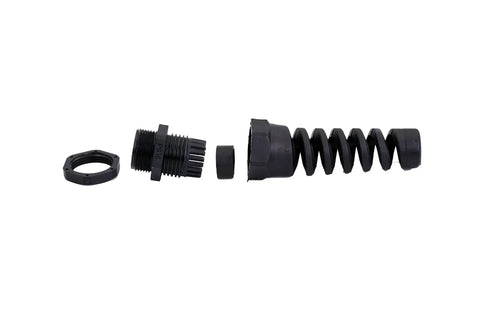 IP68 Waterproof M22 PG16 Cable Gland Connector With Spiral Flex Strain Relief, Lock Nut, Rubber Washer, 5-Piece Kit shown disassembled
