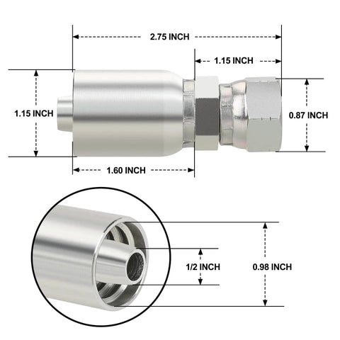 Rugged 1/2 Inch Hydraulic Hose Fittings Swivel JIC 37 Degree Female End with measurements for single wire hose crimp