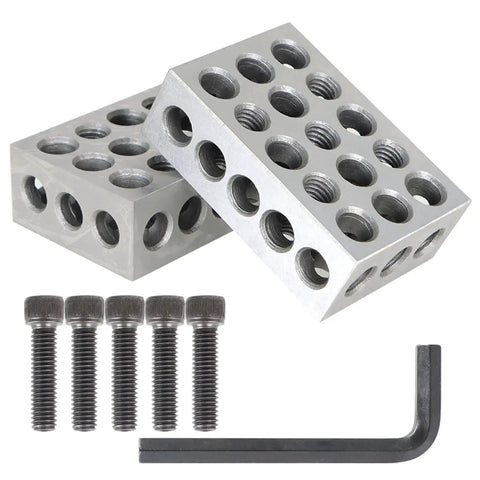 Pro Grade 1 By 2 By 3 Inch Precision Blocks Set With 23 Holes 5 Tapped To 3/8-16 And 18 Untapped Includes Screws And Hex Key