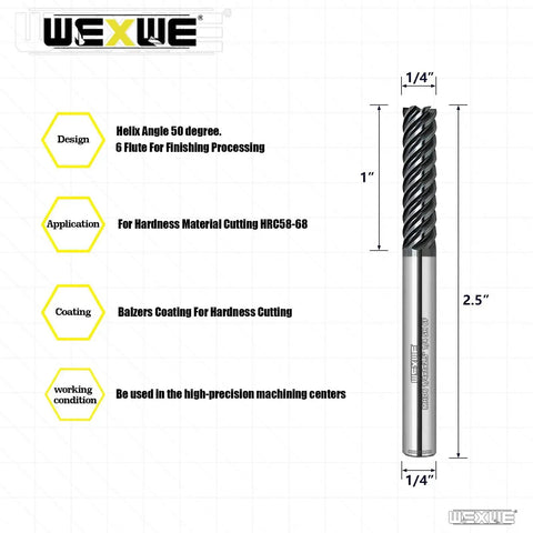 Carbide End Mill 6 Flute Square Milling Cutter With 50 Degree High Helix For High Hardness Steel Finishing Balzers PVD Coated Tungsten