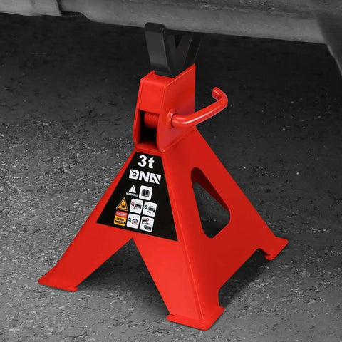Side view of 1 Pair 3 Ton Car Jack Stands With Adjustable Height For Cars SUVs Sedans, displaying red high-strength steel base.