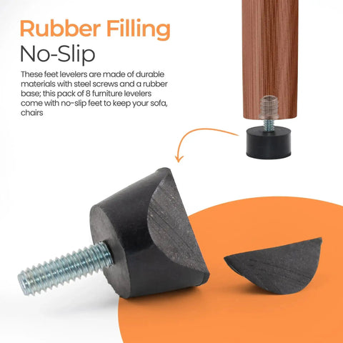 1/4-20 Rubber Adjustable Furniture Levelers, Eight Pack Leveling Feet Screws showing no-slip rubber base and steel screw