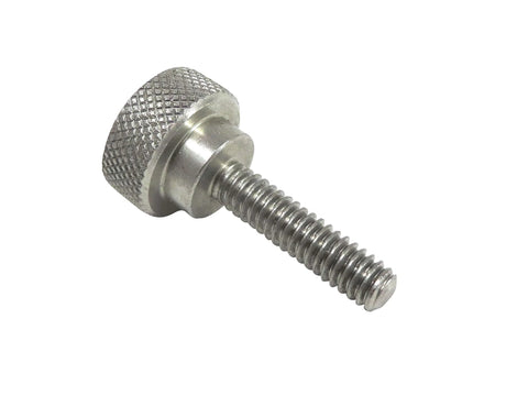 Close-up of a single screw from 10 Pack 1/4-20 X 1 Inch 303 Stainless Steel Diamond Knurled Thumb Screws With Straight Shoulders Right Hand Threads