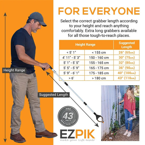 Foldable 43 Inch Grabber Reacher Tool For Seniors And Elderly With Magnetic Tip And Heavy Duty Claw Grabber Pickup For Trash Litter Removal Up To Five Pounds Capacity Ideal Reaching Aid And Weed Gripper in use demonstration with height range guide