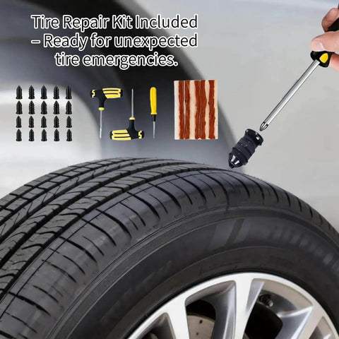 Tire repair kit including tools and strips with a car tire being repaired, ready for emergencies.