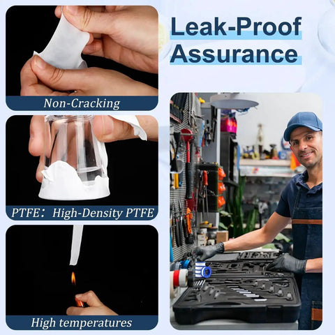 15 Rolls Of PTFE Teflon Plumbers Tape One Half Inch Wide By Three Hundred Ninety Four Inch Long White Thread Seal Tape For Leak Proof Water, Air And Gas Pipe Joints And Easy Plumbing Sealant showcasing non-cracking and high-temperature properties with a worker in a workshop.