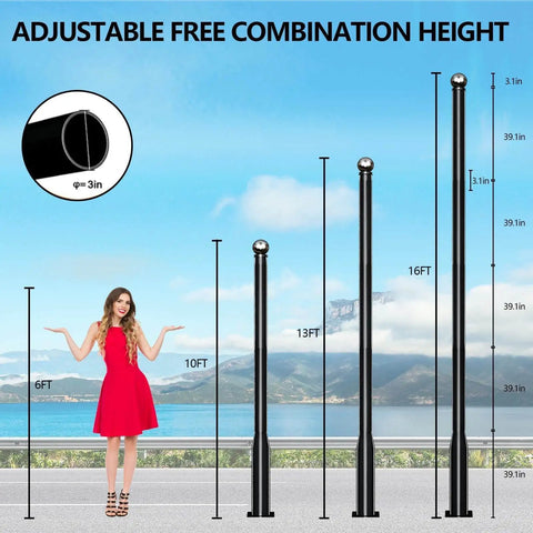 Comparison of 16 Foot Tall Solar Street Light Pole With Adjustable Modular Sections and metal poles at various heights.