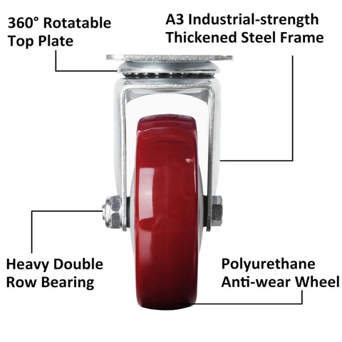 Side view of a single red premium polyurethane wheel from Heavy Duty 4 Inch Swivel Caster Set Of 4 With Plate Mounting, 2600 lb total capacity.
