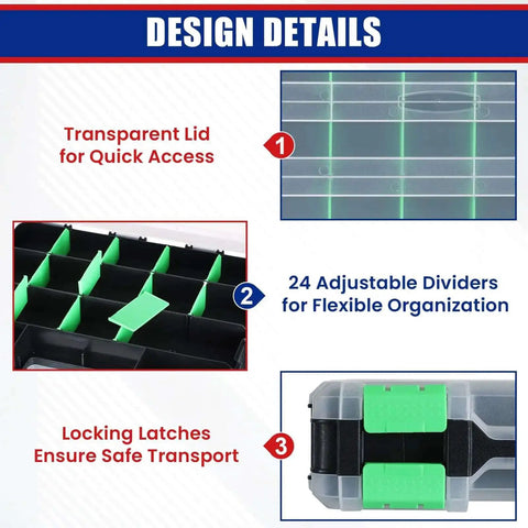Design details of Small Parts Organizer And Hardware Storage Box Set Double Sided 34 Compartment Organizer With 24 Removable Dividers 2 Pack Green
