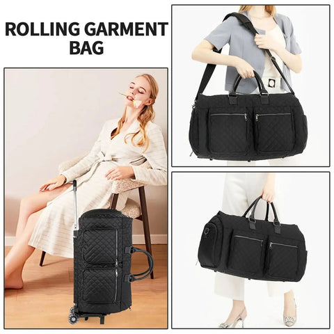 Collage showing Rolling Garment Bag For Travel With Wheels, features versatile black duffel design for wrinkle-free suits and dresses.