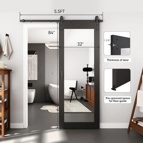 Black 32 Inch By 84 Inch Mirror Barn Door With Five Point Five Foot Sliding Hardware Kit Included No Assembly Required One Lite