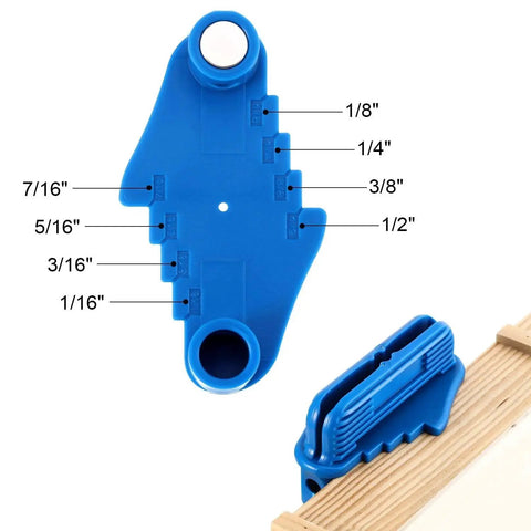 Side view of blue Center Finder Tool For Woodworking With Magnetic Scriber And Offset Marking Gauge, showing offsets, fits standard pencils