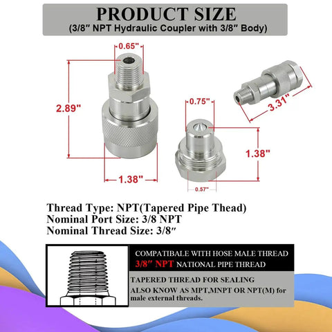 Three Eighths Inch NPT Hydraulic Quick Connect Disconnect Coupler 10,000 PSI High Pressure Replaces Enerpac C-604 With Dust Caps