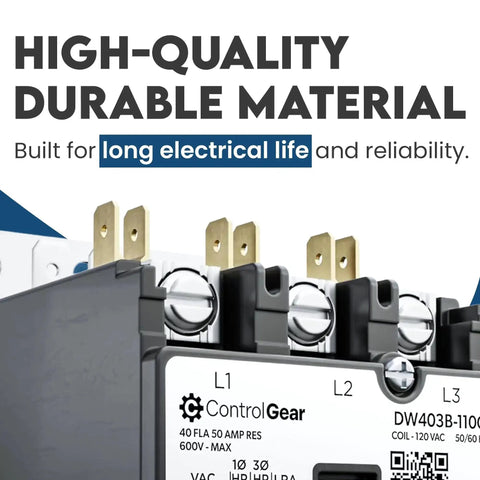 Close-up of Three Pole Definite Purpose Contactor with 120V Coil, Model DW403B11, showing durable material and reliability details.