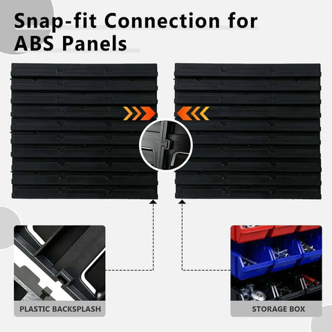 Wall Mounted Garage Storage Bin Kit 94 Piece Organization System With 32 Large Black Bins 30 Small Blue Bins 20 Small Red Bins 12 ABS Boards Mounting Hardware Space Saving 30.7 Inch Square Wall Grid For Nuts Bolts Small Parts showing ABS panel snap-fit connection.