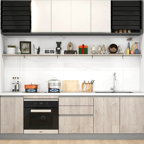 Modern kitchen with wooden cabinets, white walls, decorative shelves, and stainless steel cookware on the counter.